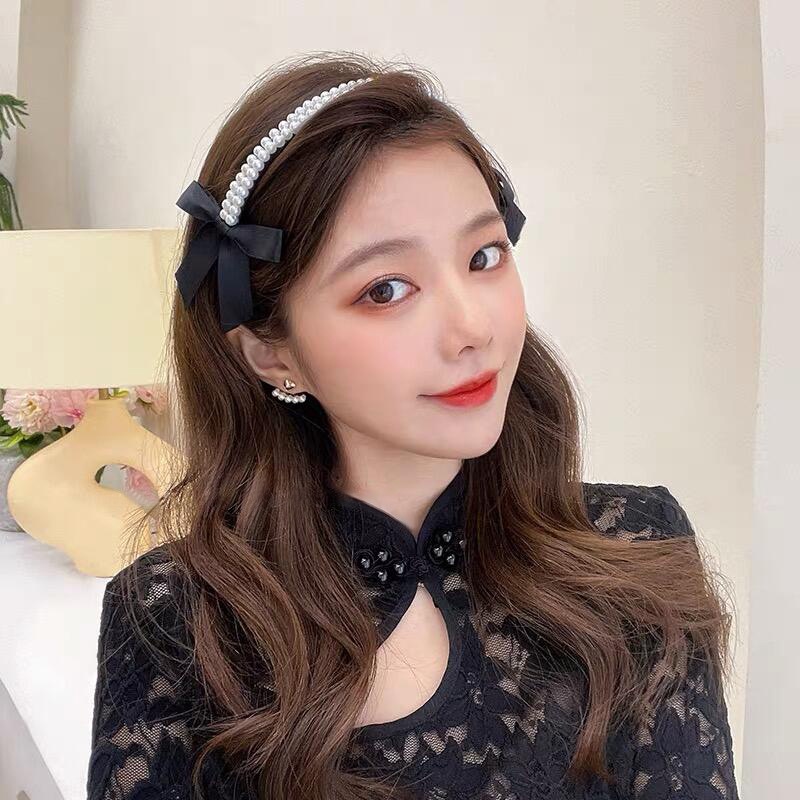 1 Băng Đô Đính Nơ Ngọc Trai Đen Hai Lớp Tinh Tế Cá Tính Cho Nữ