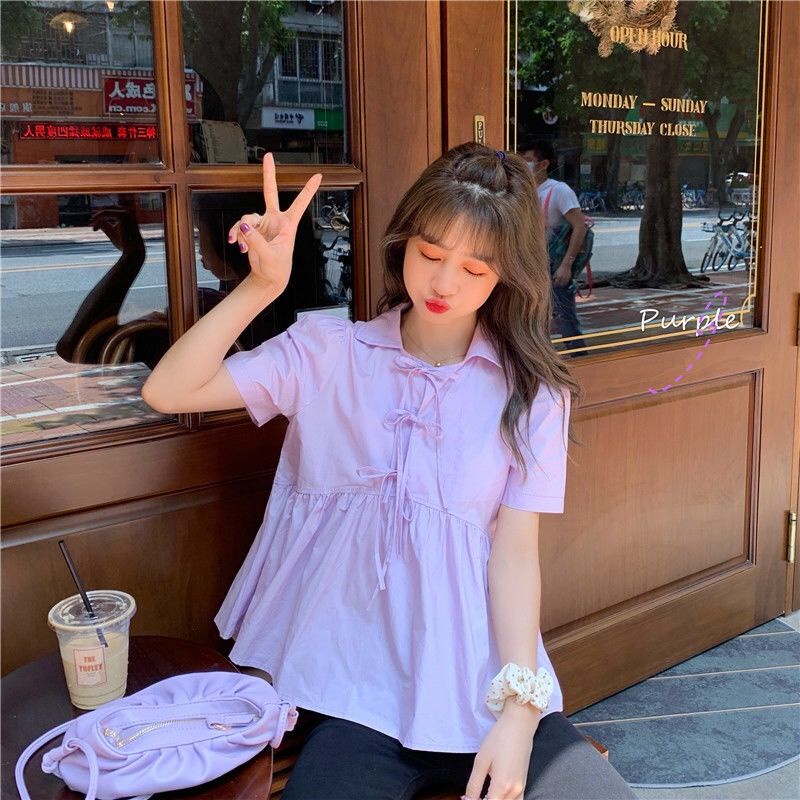 Áo Sơ Mi Tay Ngắn Dáng Rộng Màu Trơn Cột Nơ Dễ Thương Thời Trang Mùa Hè Cho Bạn Gái