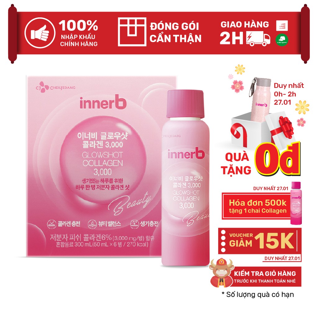 Hộp 6 chai nước uống Collagen Vitamin C sáng da InnerB Glowshot (50mlx6)