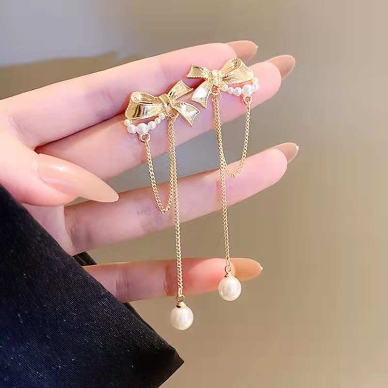 Bông Tai Mạ Bạc 925 Hình Nơ Tua Rua Đính Ngọc Trai Phong Cách Hàn Quốc