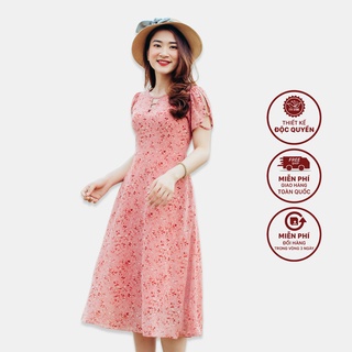 Đầm xòe trung niên cao cấp thiết kế Cổ tròn khoét V voan Hồng hoa nhí - TTV924