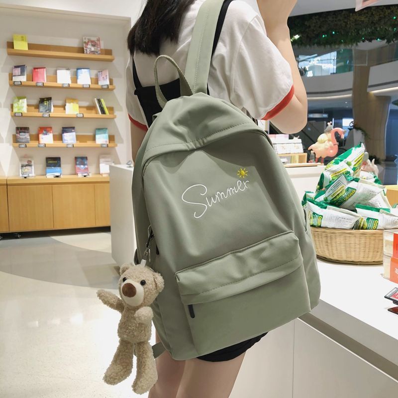 Ba lô thời trang nữ màu xanh lá cây In đơn giản Túi đi học có dây kéo Harajuku của Nhật Bản
