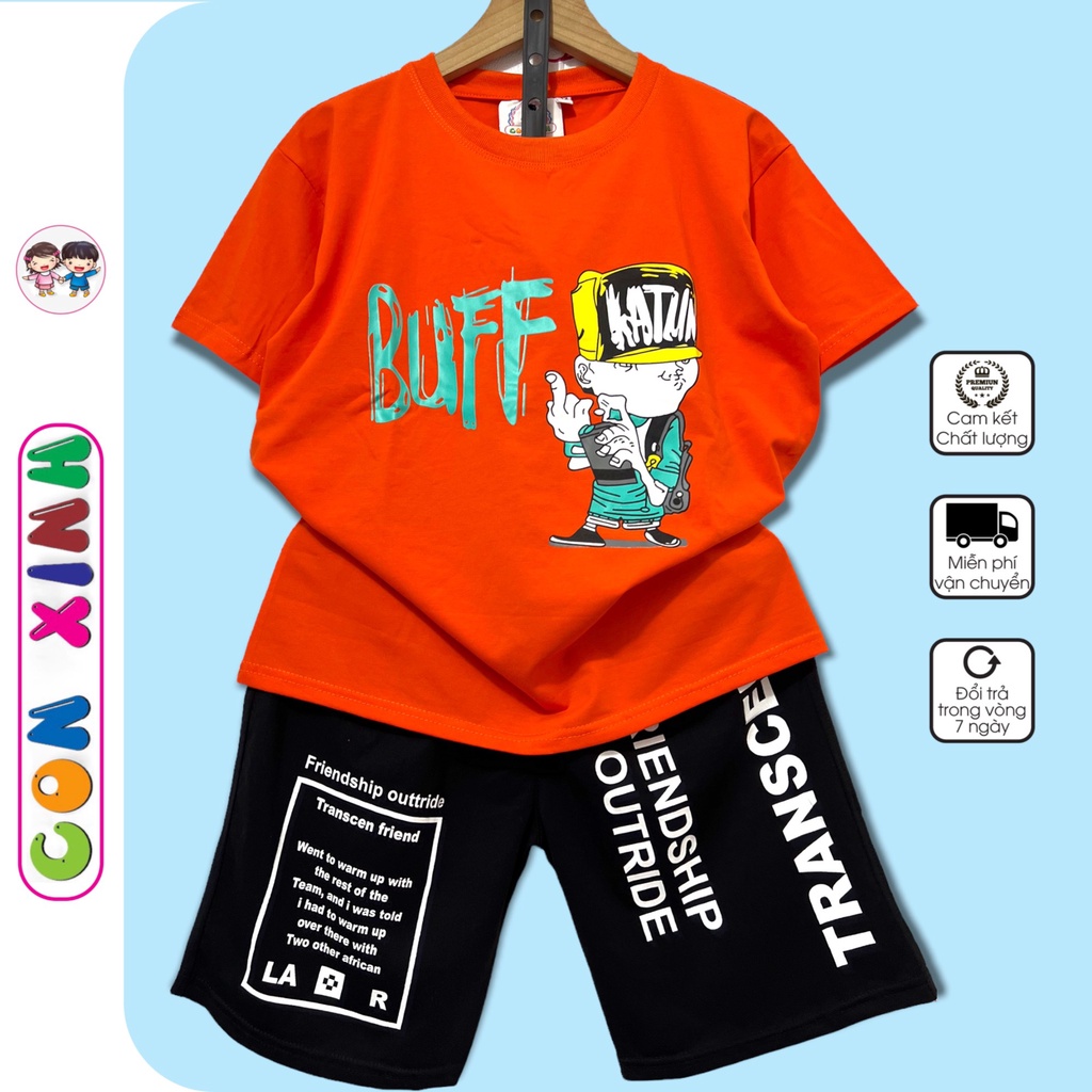 Bộ đồ bé trai Con Xinh cotton hình in Chú bé đội nón BUFF, thời trang mùa hè dành cho trẻ em từ 14 đến 45kg