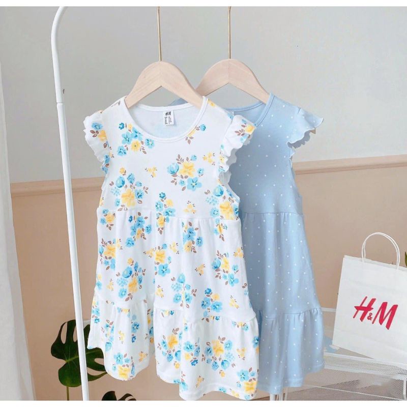 Váy đầm bé gái sát nách cánh tiên hoa trắng xanh combo 2 váy chất cotton mềm mịn thấm hút tốt Jimado E1.084.100