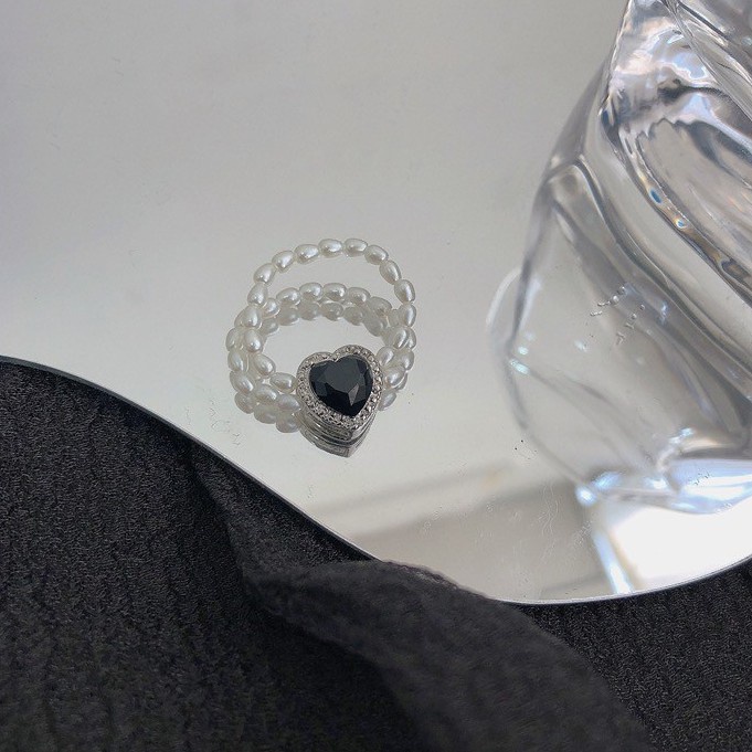 Nhẫn Hai Lớp Đính Ngọc Trai Màu Đen Hình Quả Đào Dễ Điều Chỉnh Cho Nữ