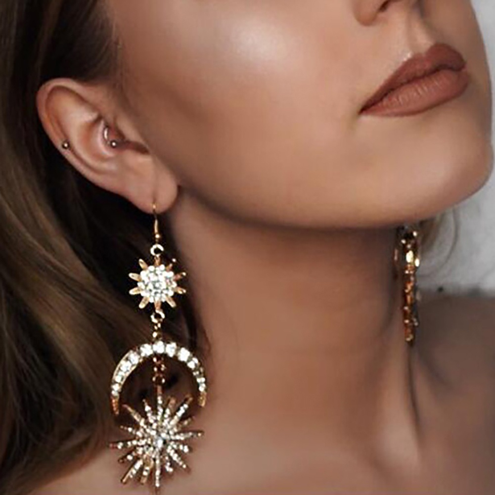 Bông tai nữ đính đá hình mặt trời và mặt trăng độc đáo