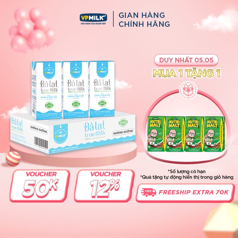 Sữa tươi Đà Lạt True Milk không đường hộp 180ml (thùng 48 hộp)