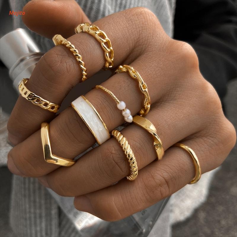 Bộ 10 Nhẫn Thời Trang Phối Ngọc Trai Nhân Tạo Đầy Độc Đáo Cho Nữ