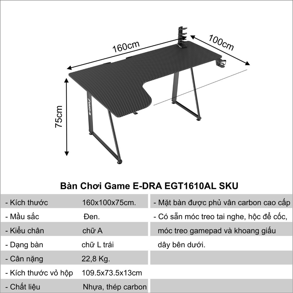 Bàn Gaming 1m6x1m, Bàn Chơi Game Chân Chữ L Góc Trái EGT1610AL