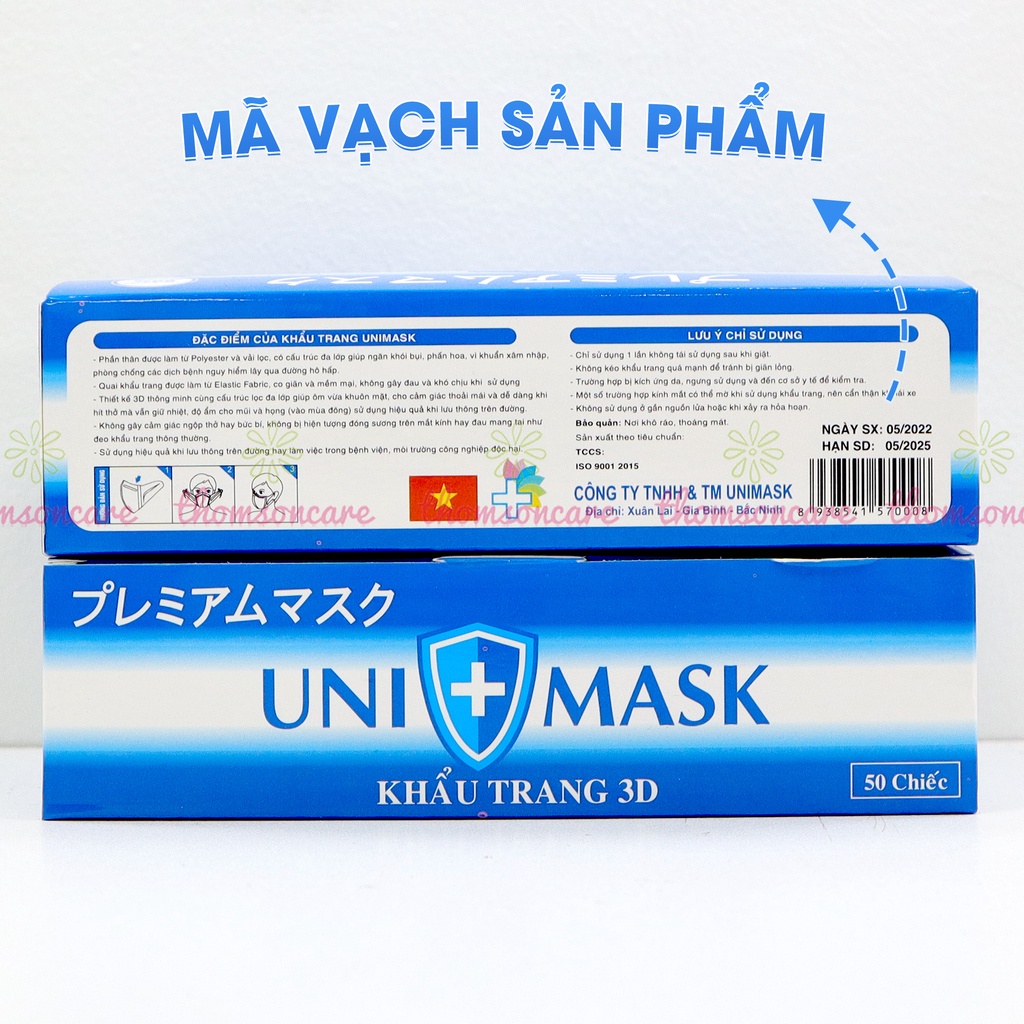 Khẩu Trang 3D Uni mask - Ngăn bụi mịn, vi khuẩn từ công nghệ Nhật Bản form ôm sát mặt dùng được cho cả nam nữ - Hộp 50c