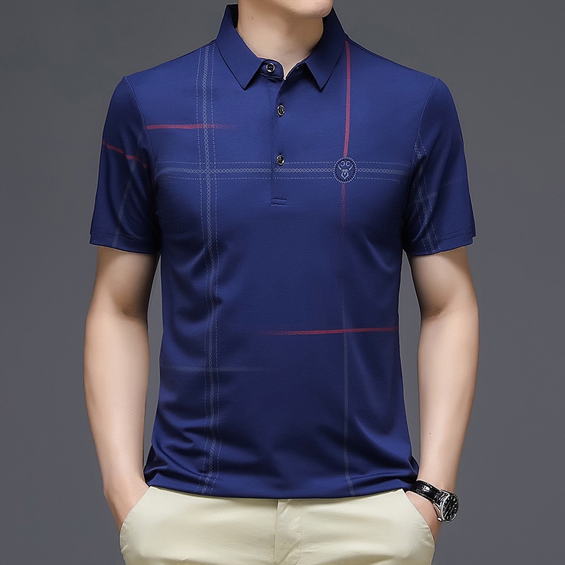 ☞Áo Thun polo Ngắn Tay Vải Lụa Mát Họa Tiết Kẻ Sọc Thời Trang Công Sở Cho Nam