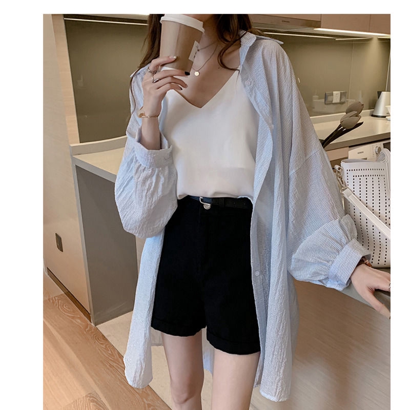 Áo khoác ngoài chống nắng dáng dài nhẹ kẻ sọc thời trang