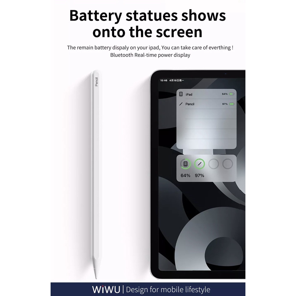Bút cảm ứng Wiwu Pencil W dành cho Ipad sạc không dây từ tính, có chỉ báo pin trên thân bút - Hàng chính hãng