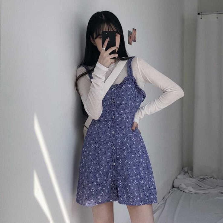 Đầm Hai Dây In Họa Tiết Hoa Oải Hương Phong Cách Retro Pháp | BigBuy360 - bigbuy360.vn