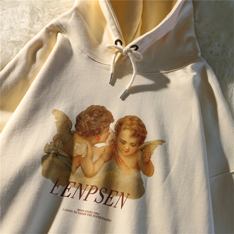 NRVP Áo hoodie dáng rộng in hình thiên thần thời trang Hàn Quốc 2022 dành cho nữ