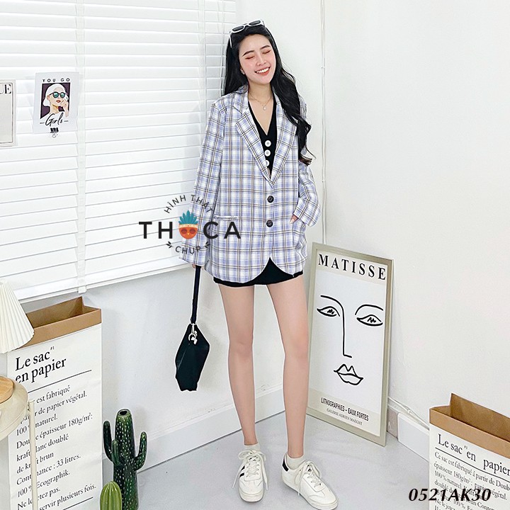 Blazer áo khoác vest nữ 2 lớp túi mổ caro tím trắng THOCA HOUSE hàng thiết kế chuẩn form, dày dặn