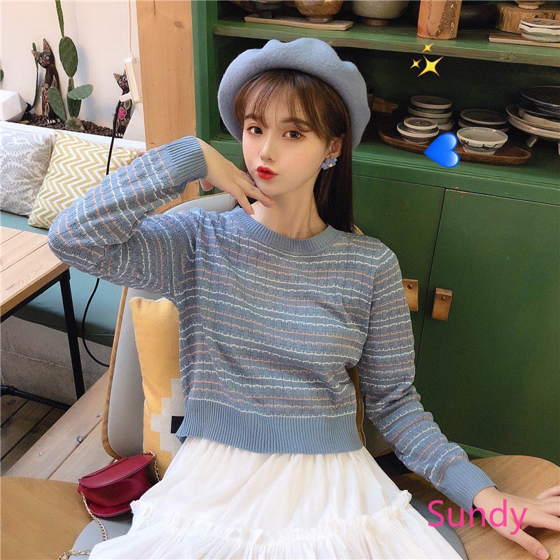 Áo sweater dài tay kẻ sọc thời trang mùa thu Hàn Quốc xinh xắn cho bé gái