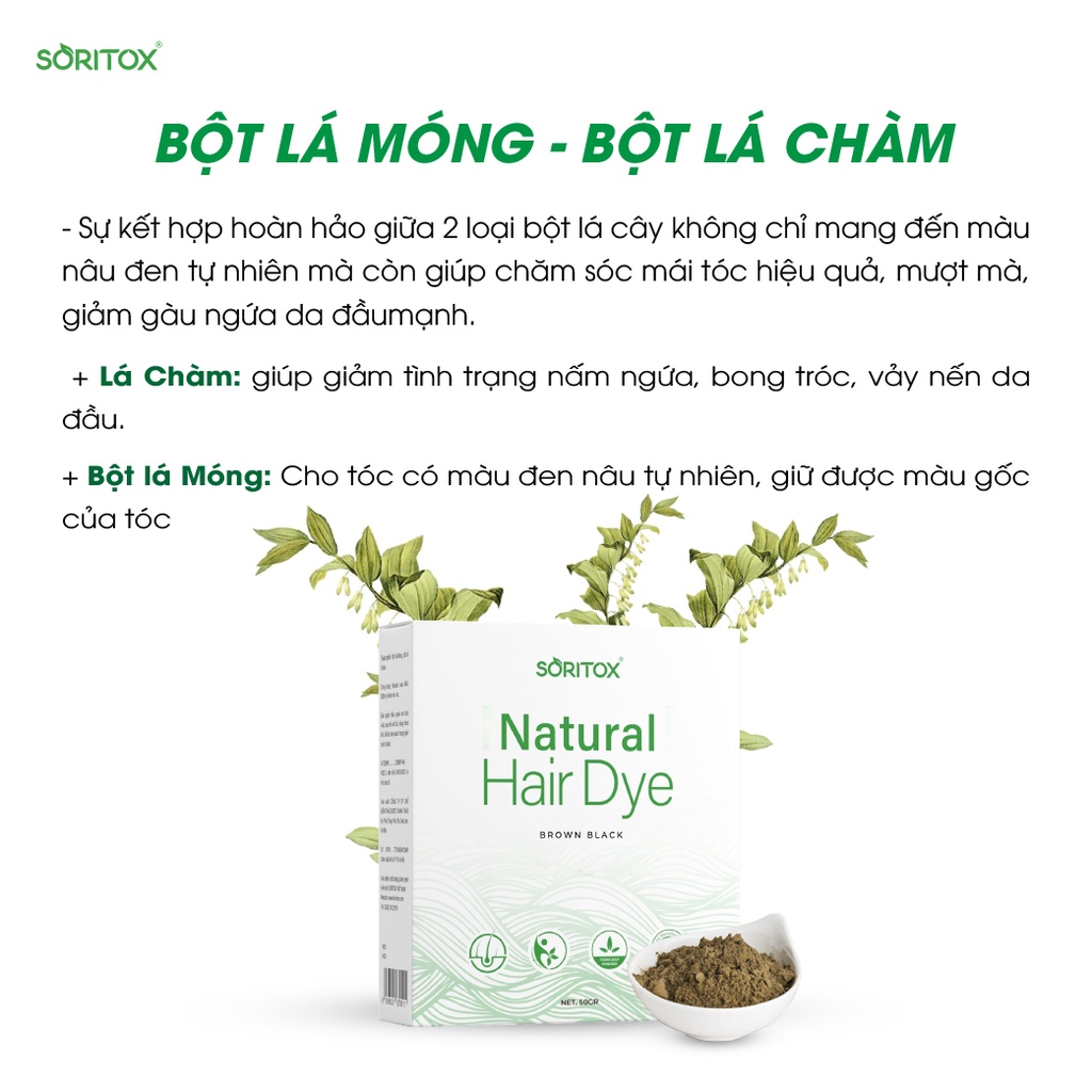 Soritox Hair 50GR - Bột lá Nhuộm tóc, phủ bạc Thảo mộc màu Nâu Đen tự nhiên từ bột lá Móng Ấn Độ và lá Chàm Việt Nam