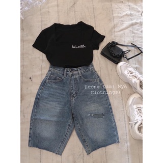 Set quần jeans ngố rách 1 line + áo thun cổ vuông thêu chữ