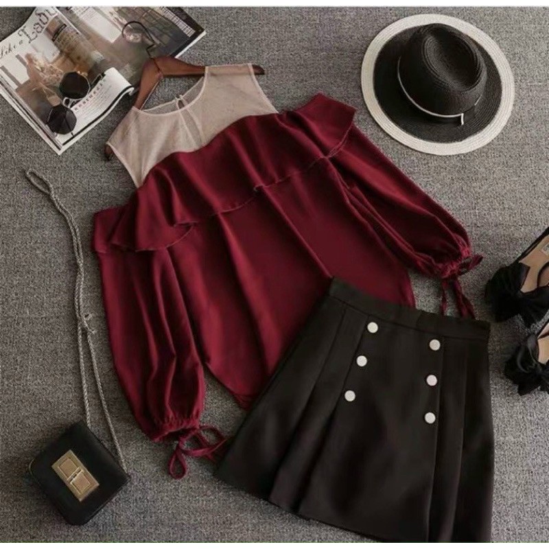 Áo rớt vai phối cùng chân váy chữ A tôn dáng