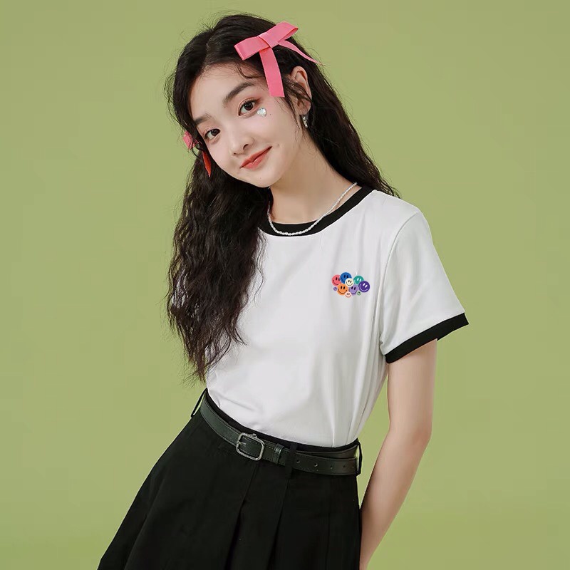 Áo thun nữ tay ngắn in mặt cười ALALA viền đen xanh cổ tay dáng ôm ngắn chất cotton chính hãng