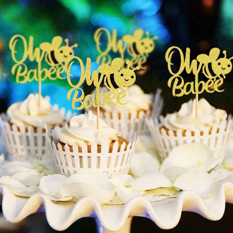 Phụ kiện trang trí bánh sinh nhật bánh kem - Set 3 thẻ cắm con ong nhũ vàng