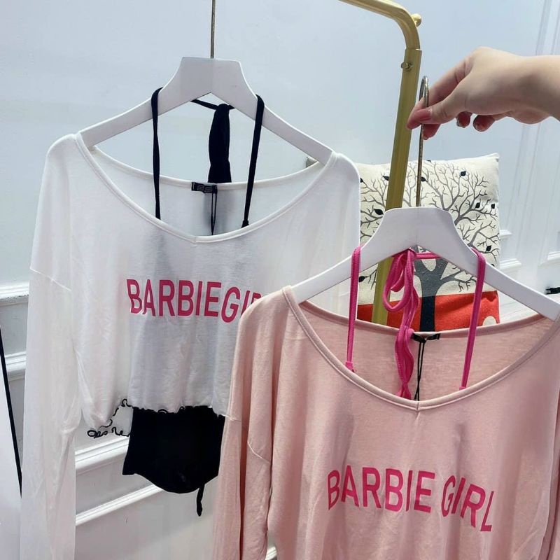 Set 2 Món Barbie Girl Cổ Yếm Cột Dây Và Áo Lửng Tay Dài Cổ V Form Rộng - Tiểu Thư Bánh Bèo Cute Sexy alohashop91
