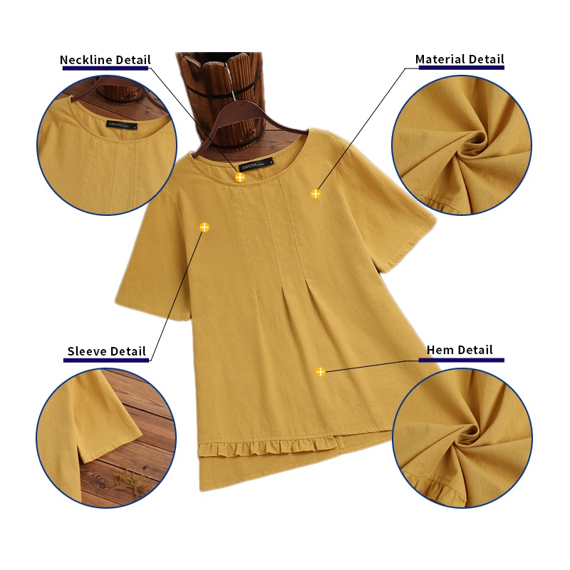 ZANZEA Áo Thun Nữ Ngắn Tay Cổ Tròn Vạt Không Đều Thời Trang