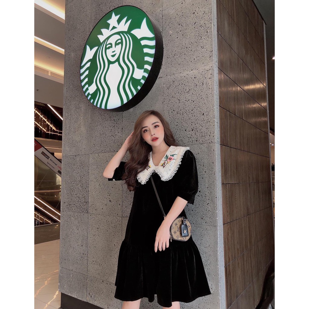 Váy Nhung Cổ Ren Thêu Hoa Y866 | BigBuy360 - bigbuy360.vn