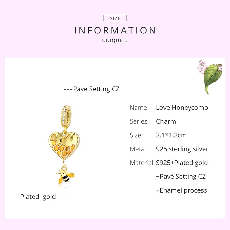 Hạt xỏ làm trang sức Bamoer Scc1714 Bạc 925 Hình Trái Tim Họa Tiết Tổ Ong Màu Vàng Độc Đáo Diy