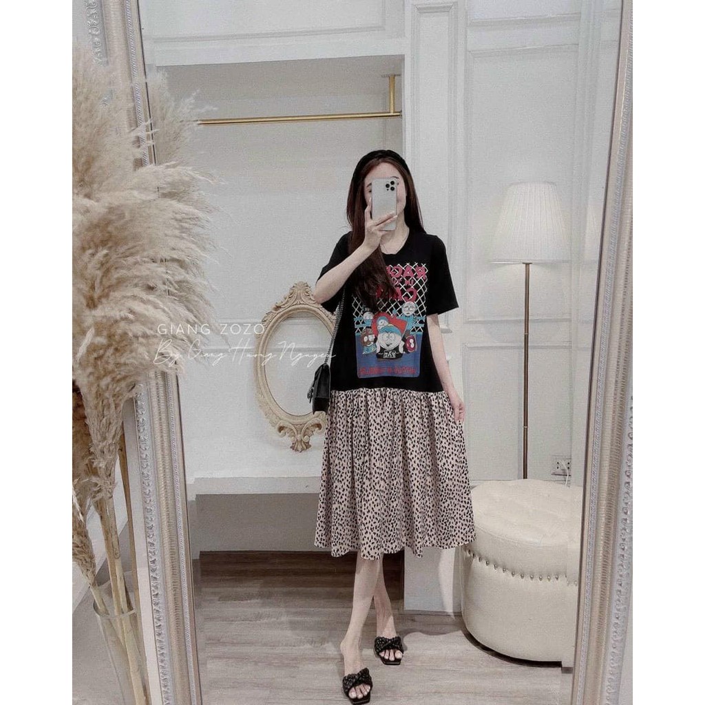 Váy suông chân bèo phối da báo dáng suông fom rộng y hình