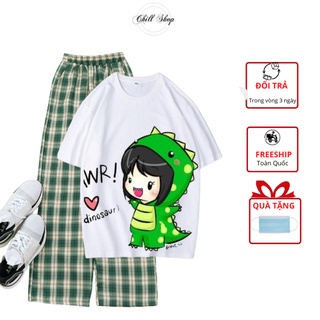 Set bộ nữ quần kẻ caro ống rộng áo thun CGKL Xanh Chill Shop, Form Rộng Freesize dưới 70kg