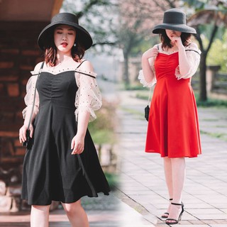 Váy tay lưới khoét vai cho người béo mập - VBEO185