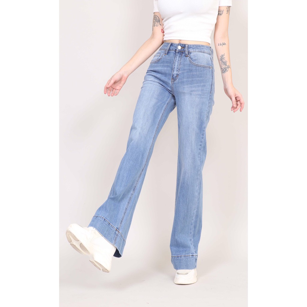Quần Jean Nữ Ống Rộng cạp cao co giãn dáng dài trơn Gấu bản To 5cm CT JEANS