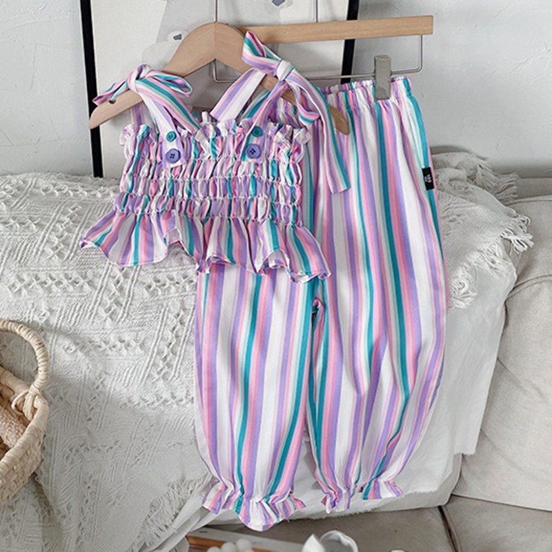 Bộ Áo Sát Nách Kẻ Sọc + Quần Dài Thời Trang Mùa Hè Cho Bé Gái Se7en