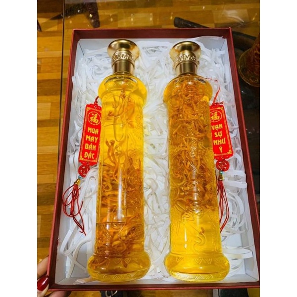 Vỏ Chai Thủy Tinh Đựng Rượu họa tiết Rồng - nắp nhựa kiểu Tháp màu Đồng dung tích 500ml