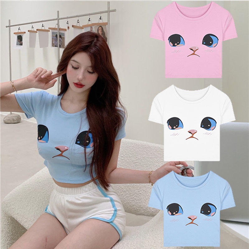 Áo Croptop Tay Ngắn Dáng Ôm In Họa Tiết Dễ Thương Thời Trang Cho Bạn Gái