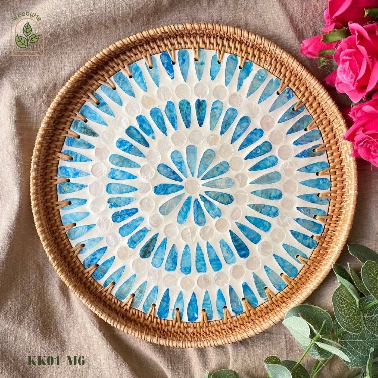 Khay Mây tròn khảm trai thủ công dùng trang trí nhà cửa, quán cà phê, khay trà ,khay bánh