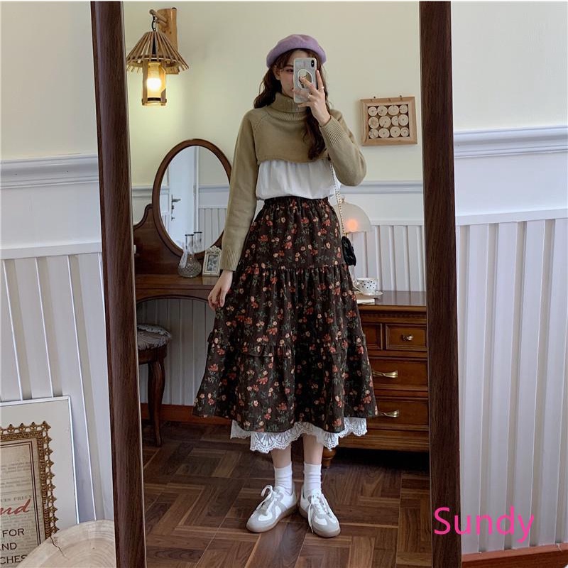 Chân Váy Ren Hoa Lưng Cao Thời Trang Mùa Xuân Vintage Dành Cho Nữ