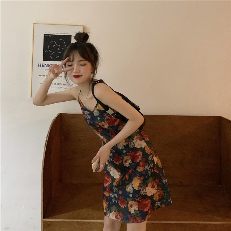 Đầm Hai Dây Họa Tiết Tranh Sơn Dầu Hình Hoa Phong Cách Hàn Quốc JH-LYQ-08