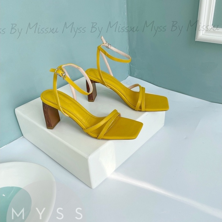 Giày sandal nữ quai ngang mảnh 2 dây gót trụ gỗ 7 cm da thật cao cấp MYSS - SDDT05
