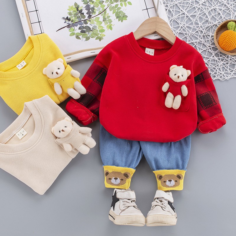 Bộ Áo Thun In Hình Gấu + Quần Jeans Cho Bé Trai