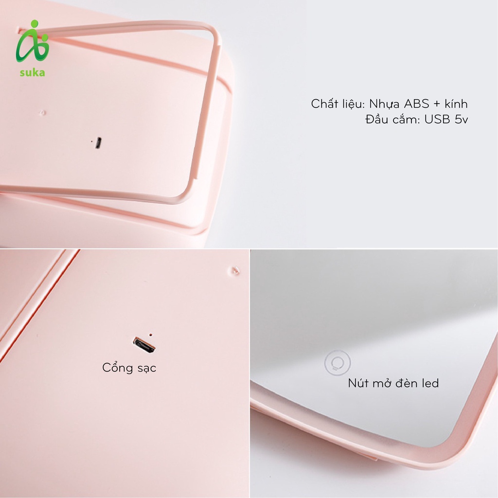 Gương để bàn chữ nhật có đèn led, gương makup trang trí tai tuần lộc dễ thương