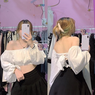 Áo croptop cột nơ tay phồng áo kiểu croptop tiểu thư