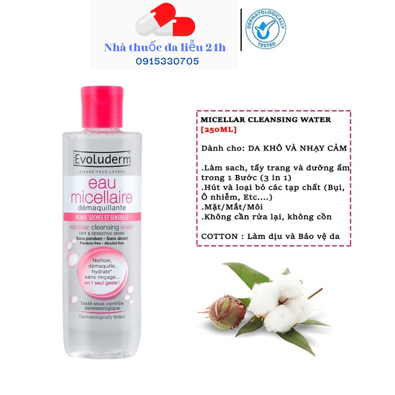 [ HÀNG NHẬP KHẨU] Nước Tẩy Trang Evoluderm Micellar Cleansing Water 250ml - Nhà thuốc da liễu 24h Dalieu24h