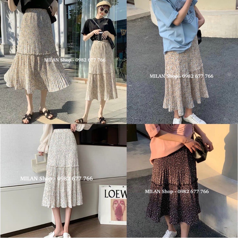 Chân váy hoa dập ly dài tầng 20 màu hot