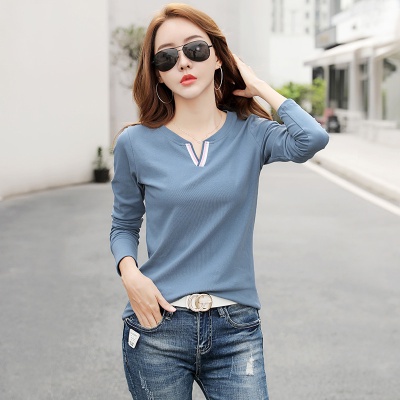 Áo thun nữ tay dài cổ chữ V 100% cotton thời trang mùa thu mới Hàn Quốc 2021