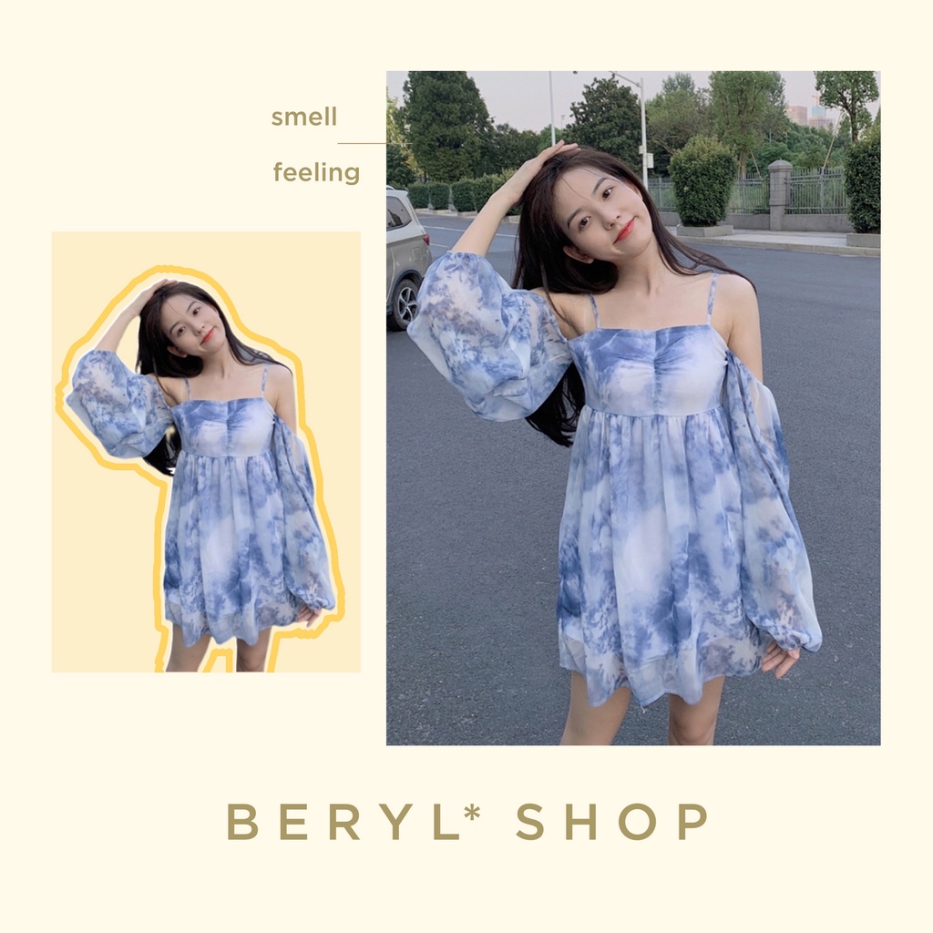 Beryl🌻Đầm🍄 váy hoa ngắn trễ vai màu xanh cổ điển