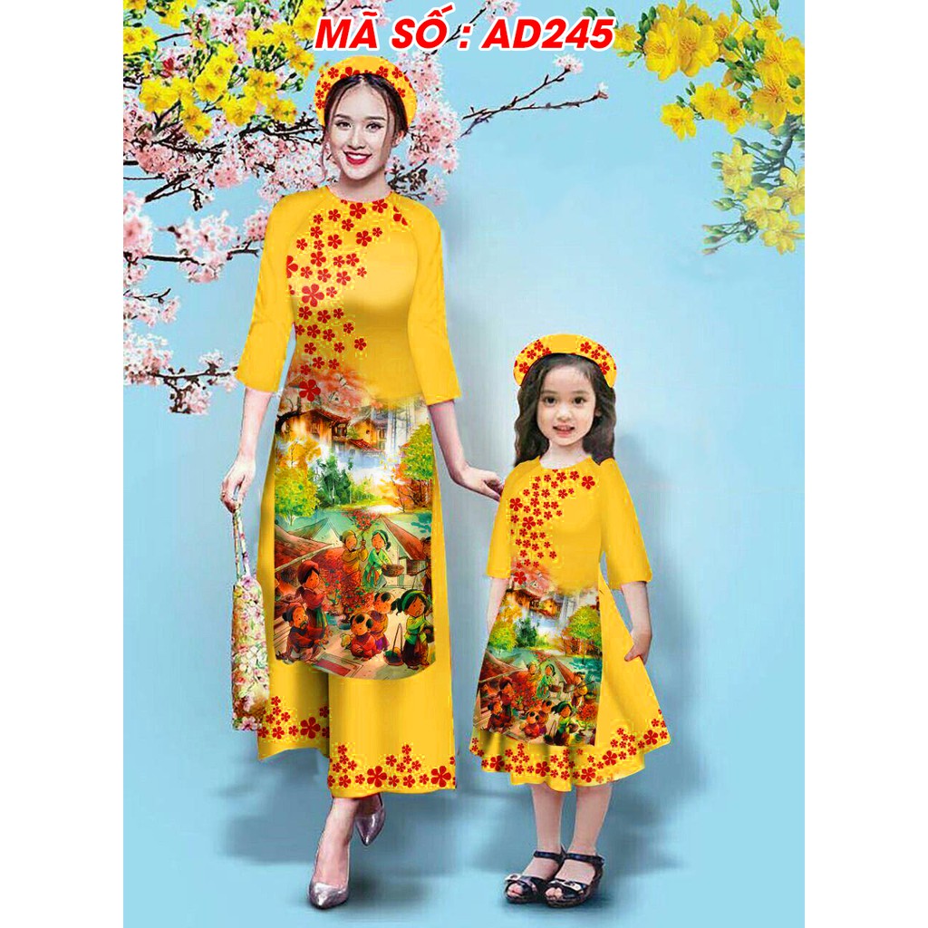 ⚡️ có big size 5XL ⚡️ AD244 Set Áo Dài Cách Tân MẸ VÀ BÉ họa tiết làng quê màu vàng .