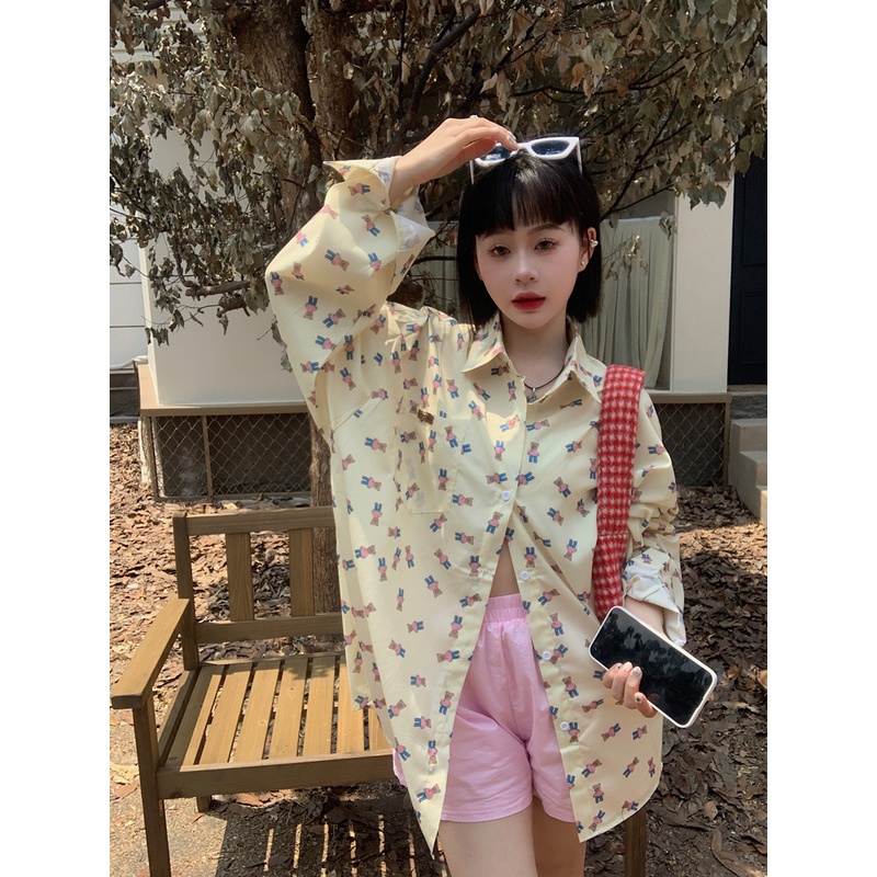 Áo Sơ Mi Tay Dài Dáng Rộng In Họa Tiết Chú Gấu Phong Cách Hàn Quốc Cổ Điển Thời Trang Cho Nữ